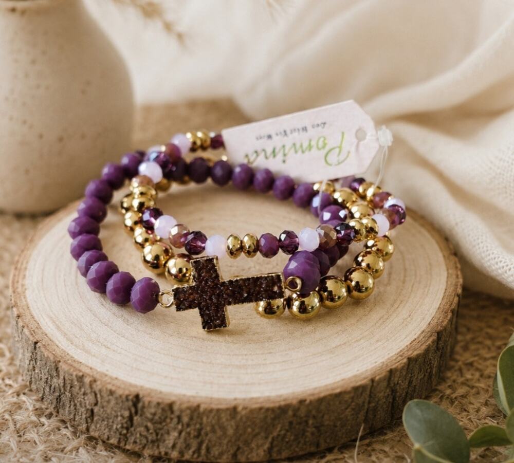 Pomina Cross Gold Purple Stone Stretch Braclets New